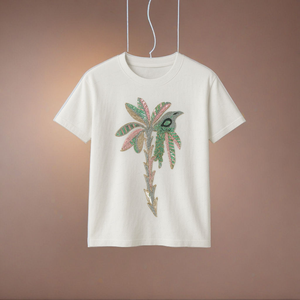 Camiseta de Algodón con Bordado de Aves de Calidad de Exportación, Diseño Tropical con Cuentas, Adorno de Palmeras con Pedrería y Piedras, Hecho en India - Product Image 3