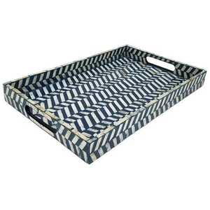 Plateau de service rectangulaire moderne fait main, écologique et durable, avec incrustations en os, poignées décoratives florales bleues, pour café et Diwali - Product Image 5