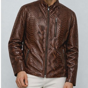Veste moto en cuir véritable pour homme, motif python embossé, col rabattu, fermeture éclair, coupe classique, style automne - Product Image 6