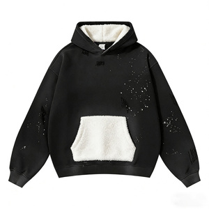 Sweat à capuche vintage surdimensionné pour homme avec effet délavé à l'acide, motif à carreaux sur le devant, tricot uni, impression numérique, saison hivernale - Product Image 2