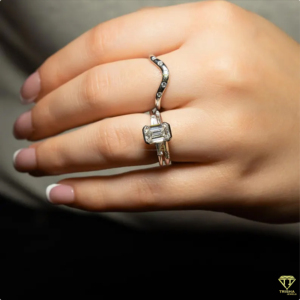 Emerald Cut Diamond Engagement <b>Ring</b> <b>Set</b> In White <b>Gold</b> With Curved Diamond Wedding Band - Product Image 5