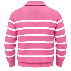 Pull-over à col zippé rayé rose pour femme, manches longues, tricoté, vêtements personnalisés en gros - Product Image 2