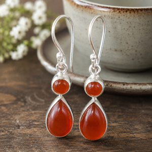 Pendientes colgantes de piedra doble de cornalina natural en forma de lágrima, plata de ley 925, chapados en oro rosa y oro amarillo, regalo de Navidad - Product Image 1