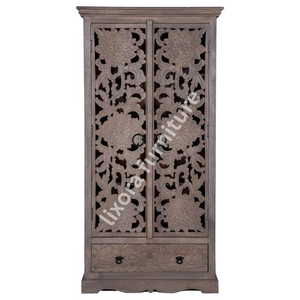 Luxury Handcrafted Solid Wood 2 Door <b>Wardrobe</b> Ornate Botanical Carving Premium Finish Armoire - Product Image 4