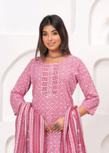 Pink Printed <b>Kurta</b> Pant Dupatta Set for <b>Women</b> | Ethnic Wear Straight V- Neck Kurti with Designer Dupatta - Product Image 3