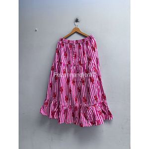 Jupe trapèze rose rayée à imprimé homard pour femme, taille élastique, volants, mi-mollet, décontractée, en coton, pour l'été - Product Image 2