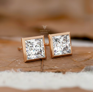 Pendientes de oro de 14K/18K con diamantes de laboratorio talla princesa de 1.00-3.00 TW, certificados por IGI, CVD HPHT, con engaste de bisel, pendientes de lujo para mujer. - Product Image 2