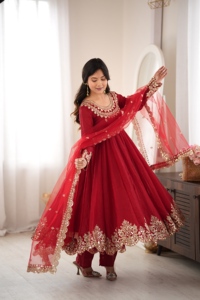 Crush Silk Sequence Embroidery Anarkali <b>Top</b> Suit Set With Stitched Micro Cotton Pant And <b>Net</b> Lace Border For Women HI 1723 - Product Image 3