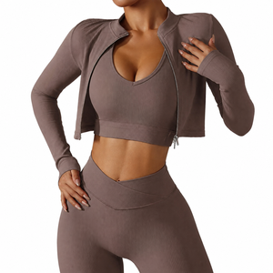 Women's Solid Sport Leggings Yoga Jacket High Elastic Waist Crop Top Yoga Shorts <b>3</b> <b>Piece</b> Set Plus Size Breathable Lightweight - Product Image 3