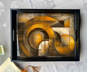 Modern Rectangle Serving Tray With Abstract Gold Inlay Design Black Frame <b>Decorative</b> <b>Plate</b> Glass Handpainted Art Style - Product Image 5