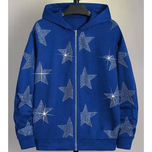 Sweat à capuche zippé vintage streetwear en molleton bouclette épais, délavé à l'acide et effet soleil, avec broderie 3D et strass, coupe oversize personnalisée - Product Image 1