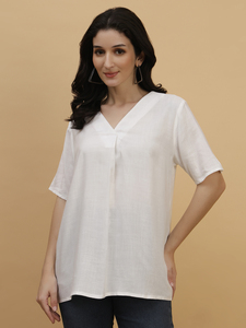 Blusa de Lino para Mujer, Cuello en V, Manga Corta, Corte Holgado, Informal, Transpirable, para Primavera/Verano - Product Image 3