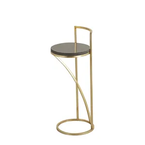 Mesa Auxiliar Redonda Moderna con Estructura de Latón y Tapa de Piedra Oscura, Mueble Decorativo para Sala de Estar Interior - Product Image 2