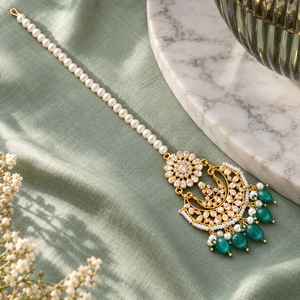 High Quality Pearl Chain Crescent Teal Drop Maang <b>Tikka</b> Wholesale Bulk Custom Design - Product Image 2
