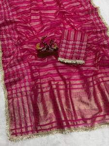 Premium Trending Stretchable Ankle-Length Saree Soft <b>Tissue</b> Silk Weaving Sequins Ribbon Fancy Lace Border Party Reversible - Product Image 5