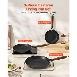 Cast Iron Skillet 3-Piece Frying <b>Pan</b> Set (8 10 12 In) Detachable Wood <b>Handle</b> Nonstick Pre-Seasoned ChefFT s Honeycomb Functional - Product Image 5
