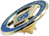 Épinglette maçonnique brodée légère avec compas et équerre des Francs-Maçons Anciens et Acceptés - Toile bleue et or, 1'' de diamètre, Noël