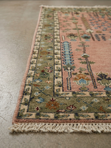 Tapis noué à la main Oushak rose et vert, abstrait, en laine/soie, adapté aux animaux domestiques, antidérapant, très résistant, à poils fins et moyens, en coton - Product Image 4
