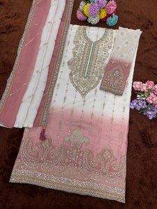 Salwar Kameez brodé blanc et rose pour femme avec dupatta, tenue traditionnelle indienne et pakistanaise, longueur ras du sol, coupe classique - Product Image 3