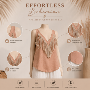 Blusa Túnica Elegante para Mujer, Color Beige, Mezcla de Lino, con Flecos, Sin Mangas, Cuello en V Profundo, Estilo Boho Casual, para Verano, Playa, Vacaciones, Resort - Product Image 5