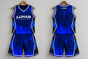 Ensemble d'uniformes de basketball personnalisés de haute qualité, bleu et noir, sublimation, 100% polyester, respirant, respectueux de l'environnement, maillot sans manches - Product Image 4