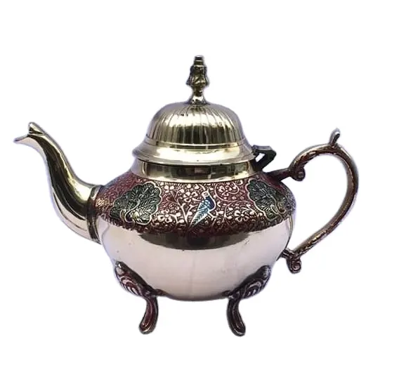 शादी में चाय और कॉफी टेबलवेयर परोसने के लिए टिन लाइनिंग के साथ भारतीय कला डिजाइनर उभरा हुआ मुगलई पीतल चाय की केतली पॉट