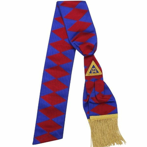 Écharpe de cérémonie maçonnique à motif losanges bleus et rouges avec franges dorées, personnalisable pour loge, vente en gros - Product Image 2