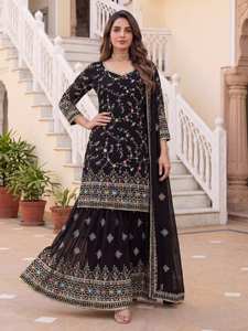 Ensemble sharara pour femme en faux georgette noir brodé avec kurti et dupatta en polyester, longueur ras du sol, robe ethnique traditionnelle pour soirée - Product Image 4