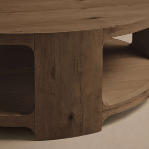 Table basse ronde au design moderne et contemporain en teck massif avec étagère ouverte fonctionnelle et structure robuste - Product Image 6