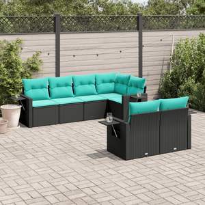 Modern Outdoor Rattan <b>Sofa</b> Set <b>7</b> <b>Seater</b> Black With Teal Cushions Patio Furniture Collection - Product Image 1