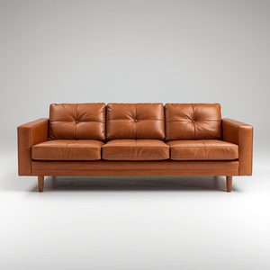 Sofá Moderno de Cuero Genuino Color Cognac Marrón, 2 Plazas, Estilo Mid-Century, Respaldo Acolchado, Patas de Madera Sólida, Mueble Elegante para el Hogar - Product Image 1