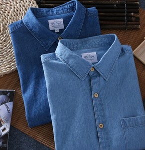 <b>Men's</b> Light Blue Denim Short Sleeve Shirt Regular Fit Turn-down Collar Casual Summer Breathable 100% Cotton Woven Fabric - Product Image 3