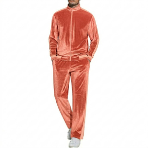 Ensemble de survêtement en velours marron pour homme, 2 pièces, fermeture éclair intégrale, couleur unie, décontracté, avec poches latérales, coupe classique, pour l'automne - Product Image 4
