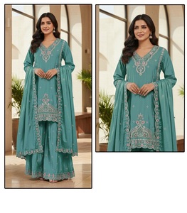 Traje pakistaní de fiesta tradicional para mujer, de chinon pesado y puro, con 2 parches bordados, dupatta pesada de secado rápido. - Product Image 3