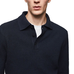 Polo en tricot à manches longues bleu marine pour homme, couleur unie, vêtement décontracté, 100% coton, anti-boulochage, coupe classique - Product Image 2