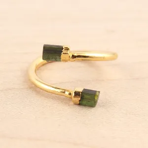 Green Tourmaline Gemstone Brass 18K Gold Plated Statement <b>Adjustable</b> Fancy <b>Ring</b> Handmade Bohemian Style Trendy Fashion Jewelry - Product Image 2