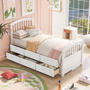 Letto a piattaforma in legno massello con 6 cassetti, bianco, per bambini - Product Image 1