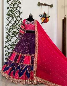 Pink Purple Cotton Lehenga Choli Block Print Embroidered Blouse Crop <b>Top</b> Pleated Floor-Length Skirt <b>Indian</b> Wedding Party Dress - Product Image 3