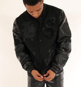<b>Men's</b> Black PU Varsity <b>Jacket</b> <b>Letter</b> Design Turn-down Collar Casual Streetwear Style - Product Image 5