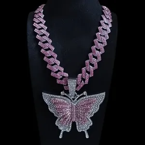 S925 Butterfly Pendant <b>Necklace</b> Purple Cuban Chain Moissanite Choker <b>Statement</b> Jewelry Gold Plated Hip Hop Unisex - Product Image 1