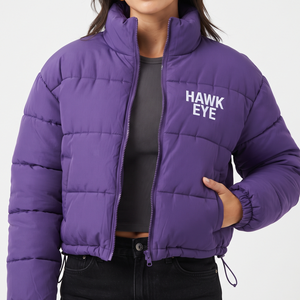 Women's <b>Cropped</b> Quilted Winter <b>Jacket</b> Padded <b>Puffer</b> Coat Long Sleeve Zip Up Casual Warm Adjustable Hem Outerwearc - Product Image 1