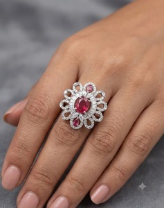 Oval Cut Centre Stone Floral Halo Statement <b>Rings</b> For Women <b>Adjustable</b> AD Finger <b>Ring</b> <b>Silver</b> Plated Party Wear <b>Ring</b> Manufacturer - Product Image 4