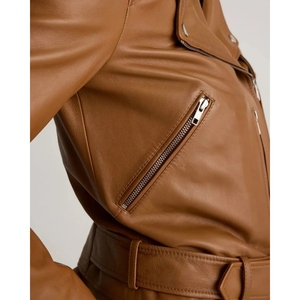 Chaqueta de Motociclista de Cuero Genuino Personalizada para Mujer, Chaqueta de Moto Marrón, Ajustada, con Cierre y Cinturón, OEM ODM - Product Image 6