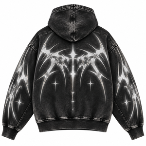 Gothic Print <b>Zip</b>-Up <b>Hoodie</b> Men Oversized Black Fleece Sweatshirt With <b>Pocket</b> Autumn Wear Regular Sleeve French Terry - Product Image 2