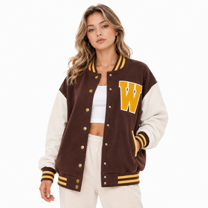 Chaqueta Varsity de Lujo Bordada para Mujer, Mezcla de Lana, Mangas de Cuero en Contraste, Corte Holgado, Chaqueta Bomber de Béisbol a la Moda - Product Image 4