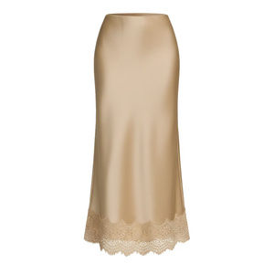 Jupe en satin pour femme, taille haute, couleur unie, coupe trapèze, avec empiècements en dentelle, élégante, longueur genou, en soie - Product Image 6