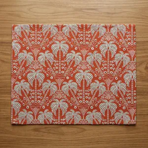 Finest Embroidered Red Cotton Schiffli Eyelet Fabric with White Tropical Palm <b>Tree</b> Embroidery for Resort Wear and Cushion Covers - Product Image 1