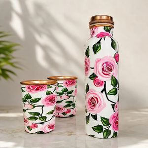 Rose floral copper bottle Copper bottle with <b>glasses</b> Handicraft copper drinkware Floral design copper set - Product Image 3