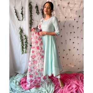 Ensemble de costume en coton respirant bleu océan pour femmes avec dupatta fleuri taille XS - Product Image 4