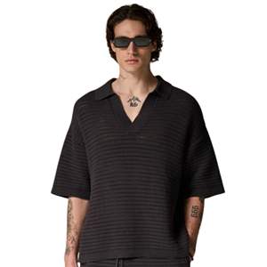 Polo de punto texturizado para hombre, color carbón, de manga corta, estilo casual, holgado, para verano, a la moda, OEM - Product Image 3